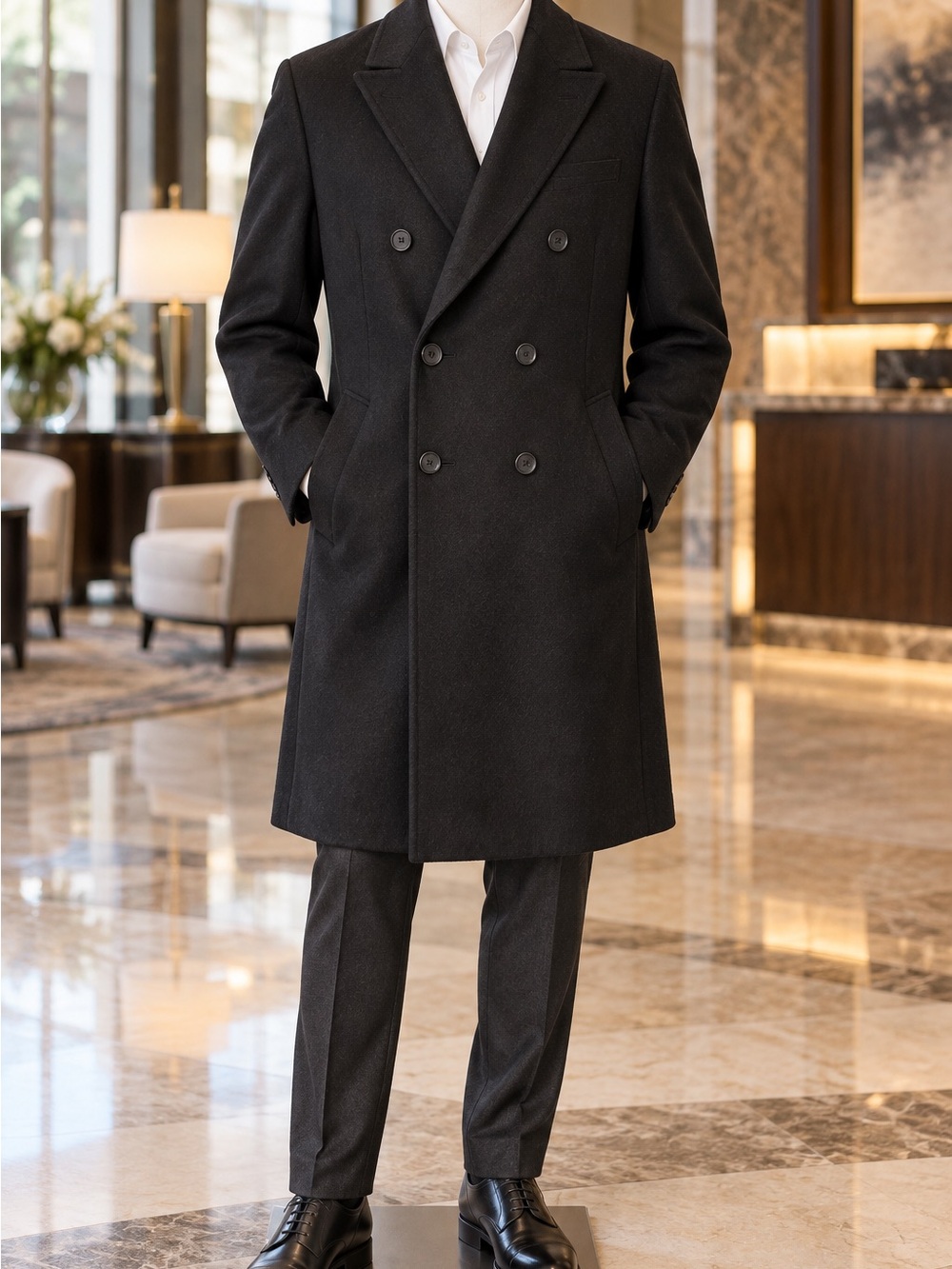 Kenneth Cole New York Men’s 42L Black Wool Blend Double Breasted Overcoat